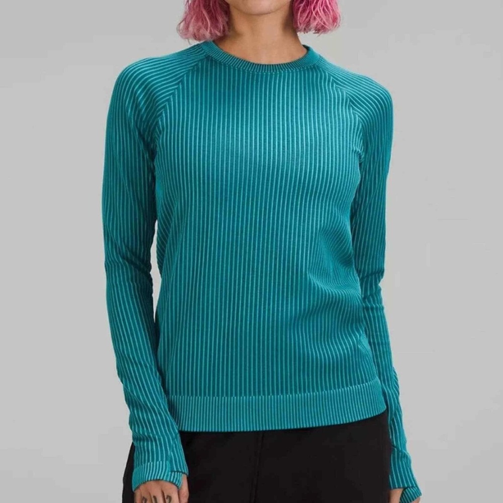Lululemon Rest Less Pullover Teal Striped Seamless Top Size 10 NEW Women's #16